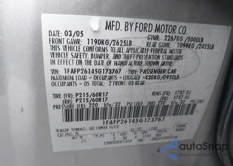 2005 Ford Five Hundred Se из США, поврежденный, VIN 1FAFP26145G173767